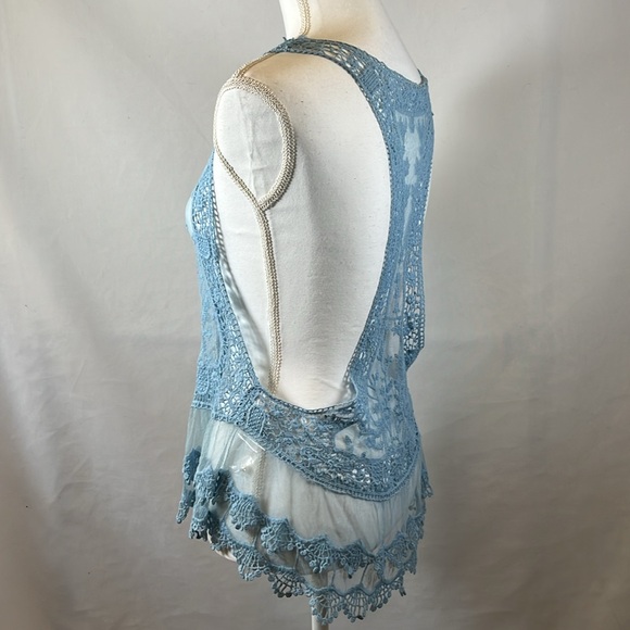 Venus Sheer Blue Lace Sleeveless Top Boho Festival Romantic Cottagecore - Picture 3 of 8